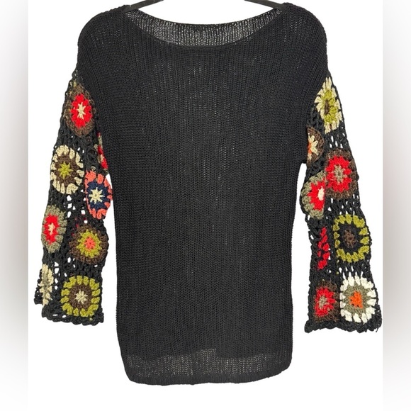 Emery Rose Sweaters - Emery Rose Black Hollow Out with Multi Color Floral Pattern Knitted Sweater Sz S